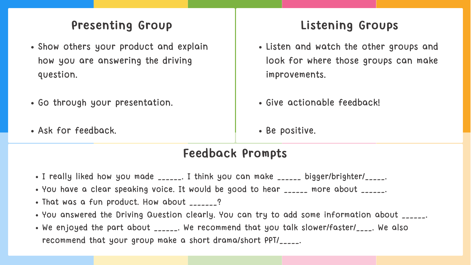 Feedback Prompts for presenting and listening groups