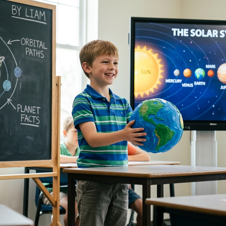 Boy presenting solar system project